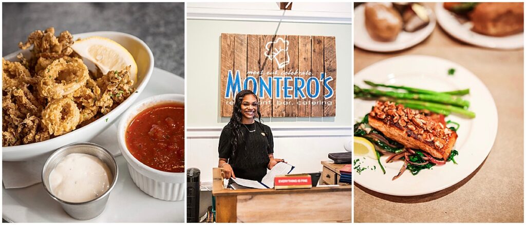 monteros restaurant, food menu items and a picture of a staff member